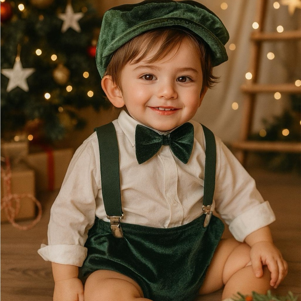 Christmas Kids Velvet Cap, Bow Tie, bloomer, suspenders Set in Green